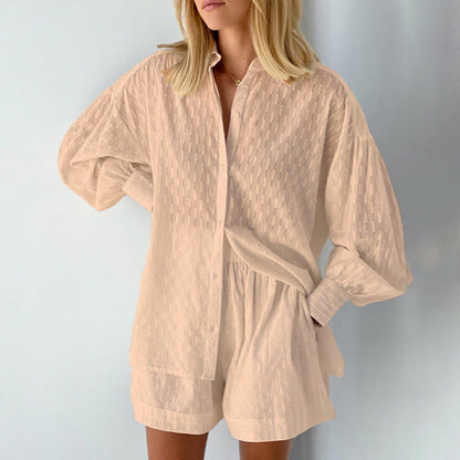 Women's Set Blouse and Shorts – Jacquard – Loose Fit – Puff Sleeves