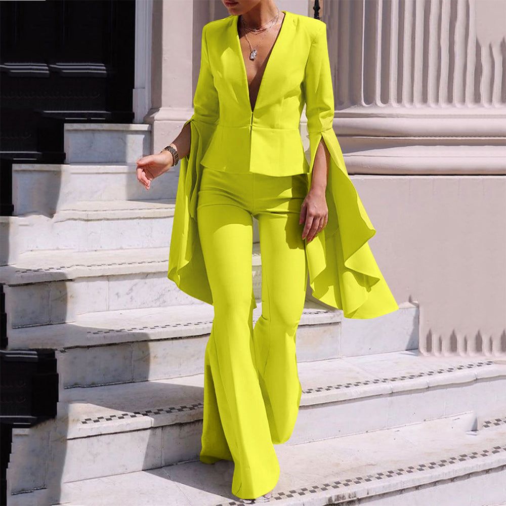 Women's Set – Plunging Neckline – Cape Sleeves – Elegant Flared Pants