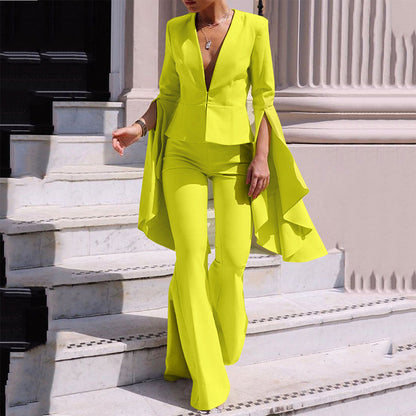 Women's Set – Plunging Neckline – Cape Sleeves – Elegant Flared Pants