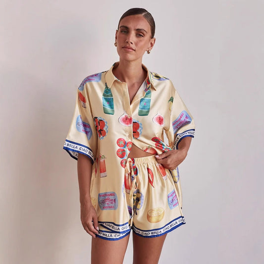 Ensemble loungewear femme – Coupe décontractée – Chemise et short à cordon