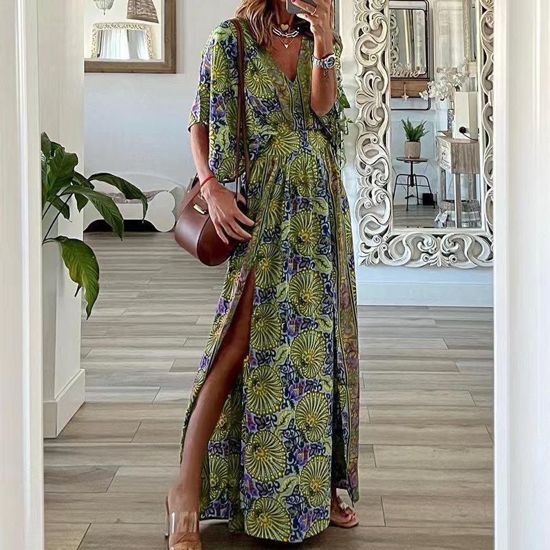 Robe longue femme – Imprimé bohème – Col en V – Manches courtes – Coupe fluide