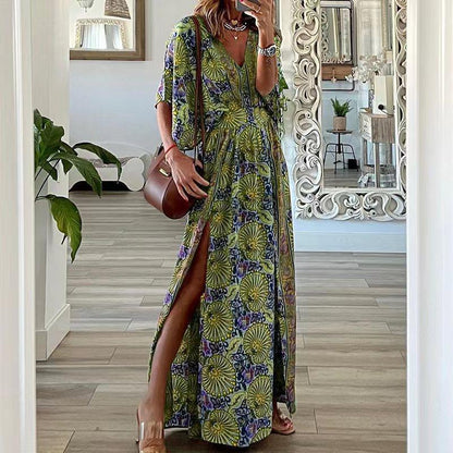 Robe longue femme – Imprimé bohème – Col en V – Manches courtes – Coupe fluide