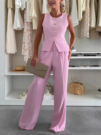Ensemble Femme Blazer Sans Manches et Pantalon Large – Coupe Ajustée – Taille Haute