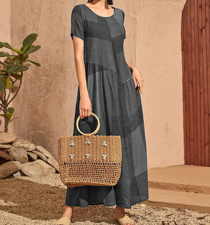 Robe longue femme – Coupe ample évasée – Coton – Manches courtes – Imprimé à carreaux