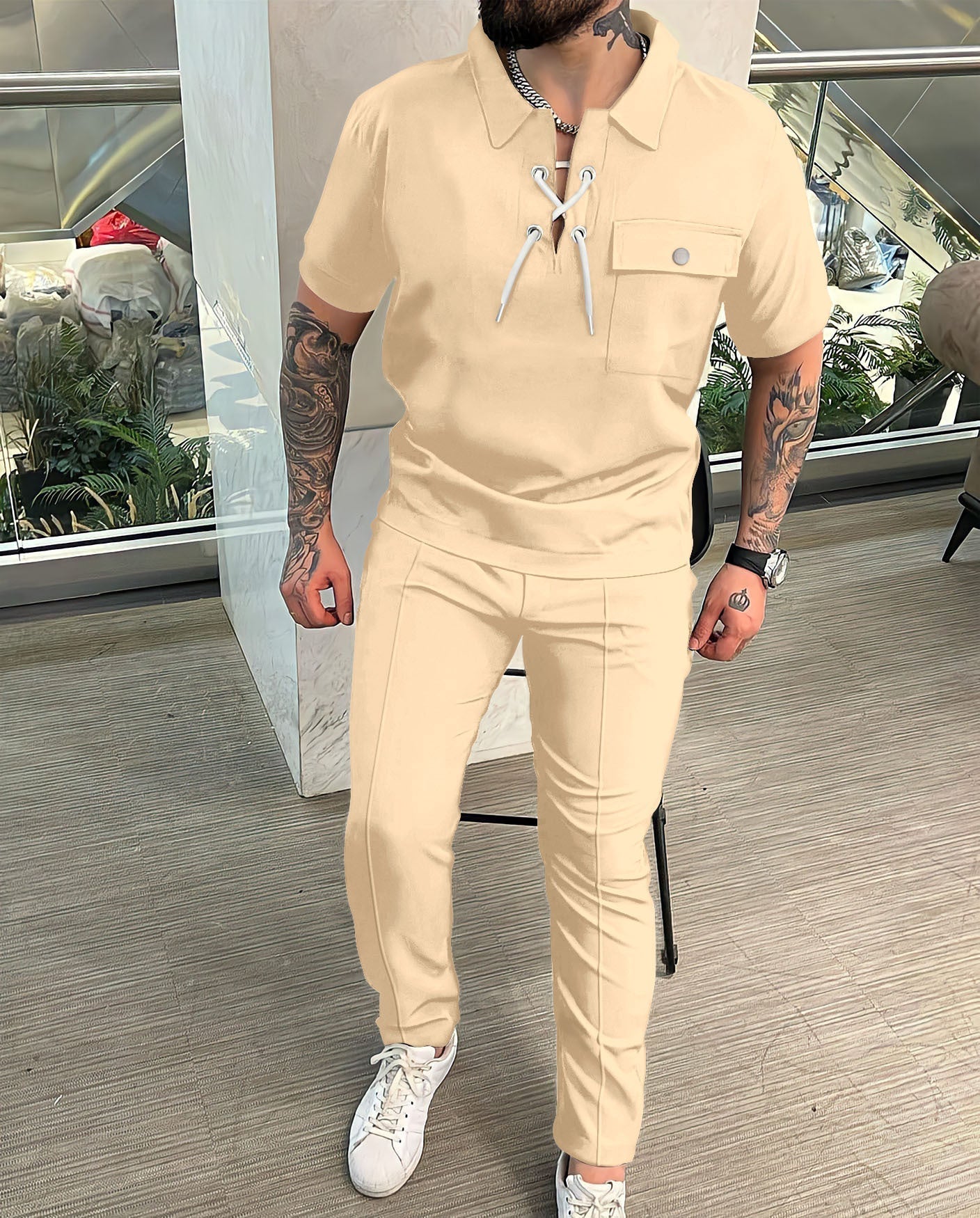 Men's two-piece set – Top with lace-up collar – Matching pants – Slim fit – Breathable fabric