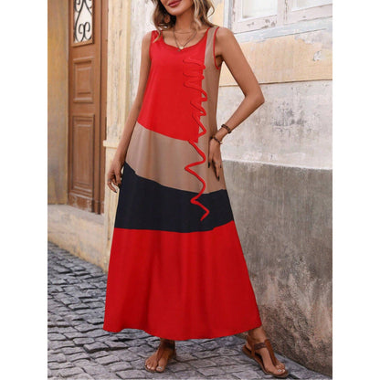 Robe longue femme – Décolleté en V – Manches volantées – Taille cintrée – Imprimé géométrique