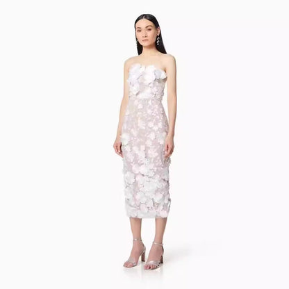 Robe femme bustier – Coupe ajustée – Tulle léger – Fleurs 3D – Longueur midi