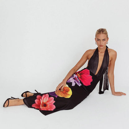 Robe longue femme – Coupe slim – Décolleté plongeant – Col dos nu – Imprimé floral
