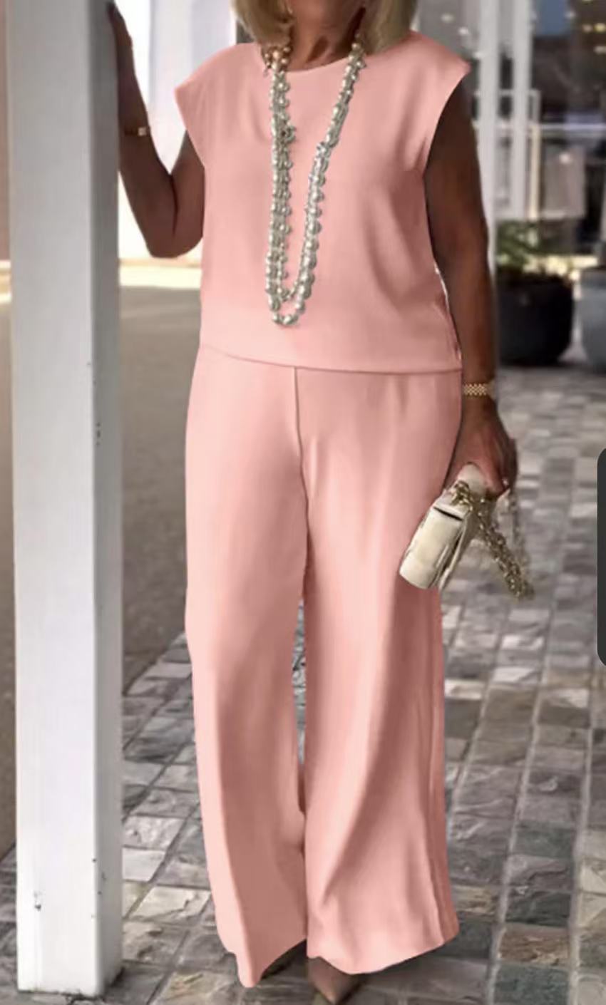 Ensemble Femme – Haut Sans Manches – Pantalon Large Taille Haute – Coupe Évasée Élégante