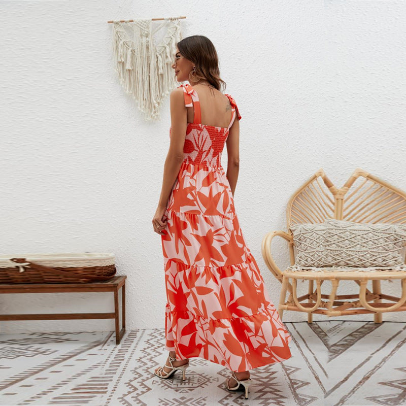 Robe longue femme – Bretelles nouées – Tissu léger – Jupe évasée à volants