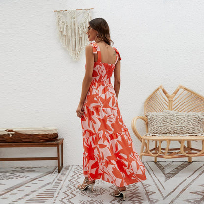 Robe longue femme – Bretelles nouées – Tissu léger – Jupe évasée à volants