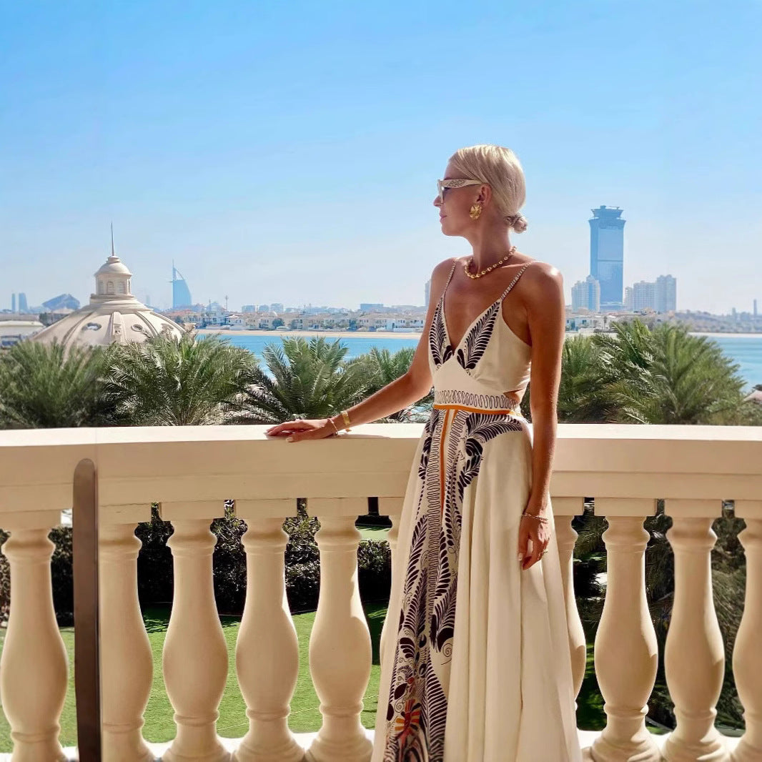 Robe longue femme – dos nu – coupe fluide – imprimé élégant