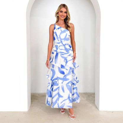 Robe longue femme – Asymétrique une épaule – Haut froncé – Jupe évasée à volants