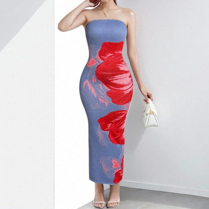 Robe longue femme – Coupe slim – Sans bretelles – Imprimé floral élégant
