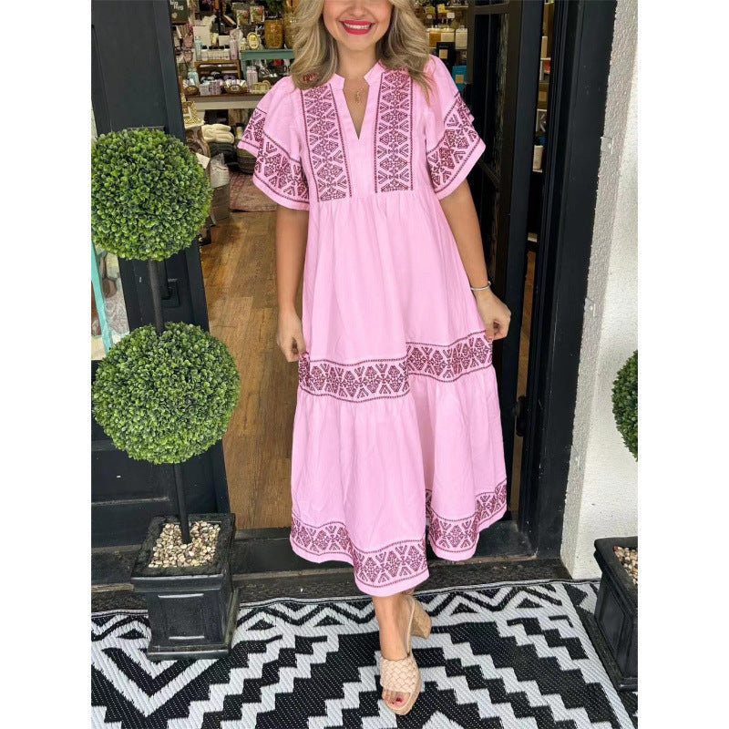 Robe mi-longue femme – Coupe ample – Col en V – Manches papillon – Imprimé bohème