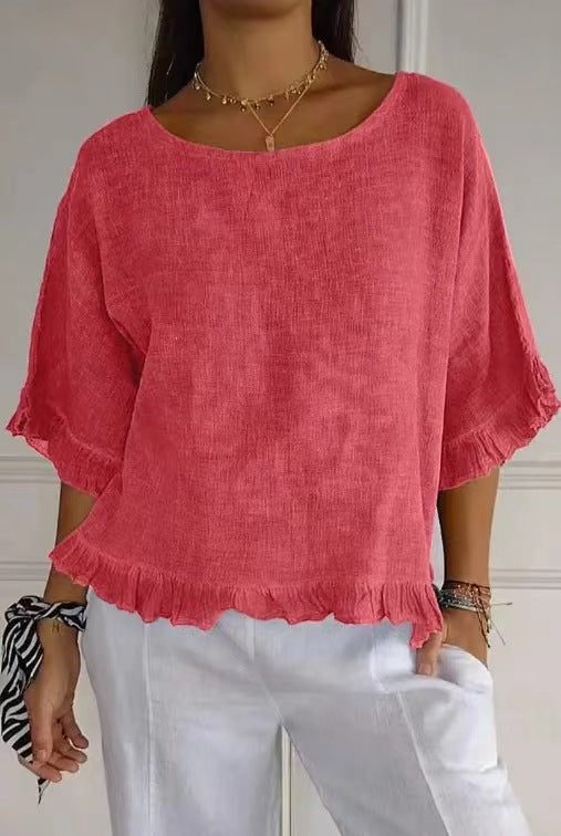 Blouse femme manches courtes – Lin coton – Coupe ample – Col rond – Ourlet volanté