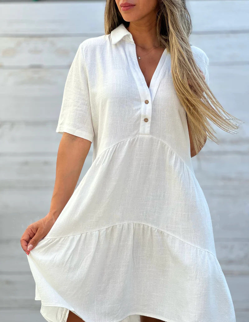 Robe femme midi – Coupe ample – Manches courtes – Col chemise – Fibres naturelles