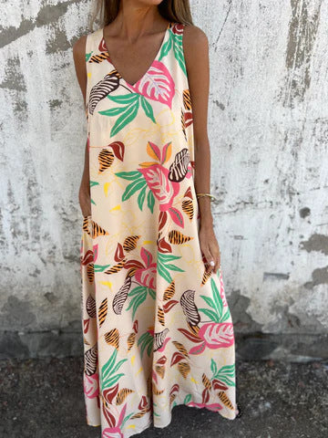 Robe longue femme – Sans manches – Imprimé tropical – Coupe évasée fluide