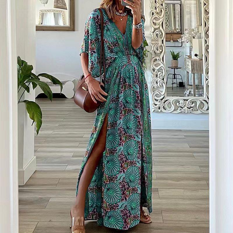 Robe longue femme – Imprimé bohème – Col en V – Manches courtes – Coupe fluide