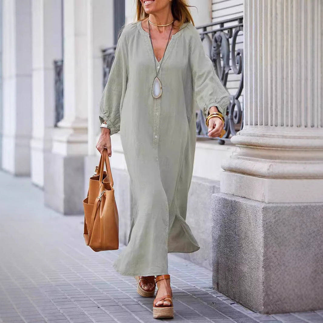 Robe longue femme – Coupe ample – Tissu respirant – Col en V – Manches longues