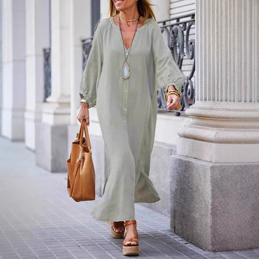 Robe longue femme – Coupe ample – Tissu respirant – Col en V – Manches longues