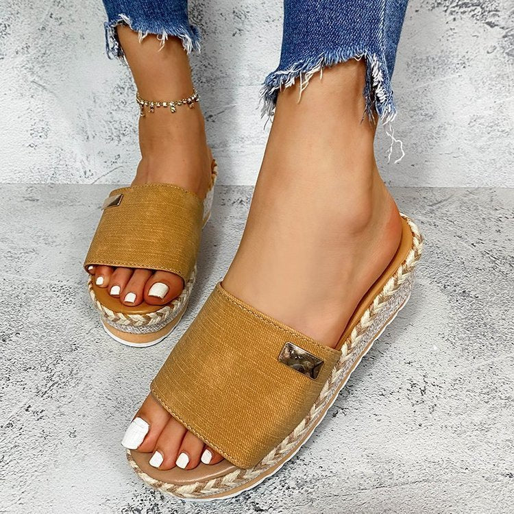 Sandales compensées femme – Bout ouvert – Enfilage facile – Tissu respirant – Talon gainé tressé