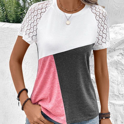 T-shirt femme – Coupe décontractée – Manches dentelle – Col rond – Mélange coton