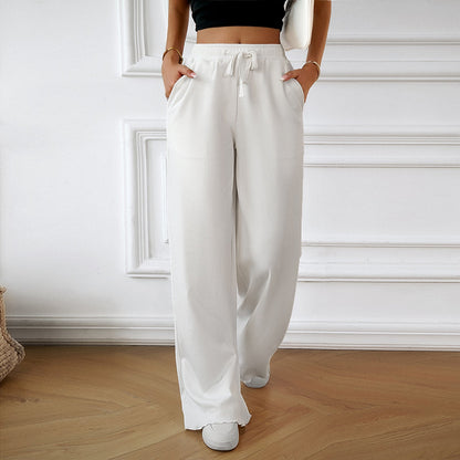 Pantalon large femme – Tissu léger et respirant – Taille élastique avec cordon – Poches côté