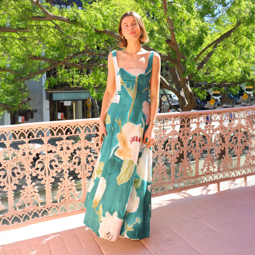 Robe longue femme – Encolure carrée – Bretelles larges – Imprimé fleuri vintage