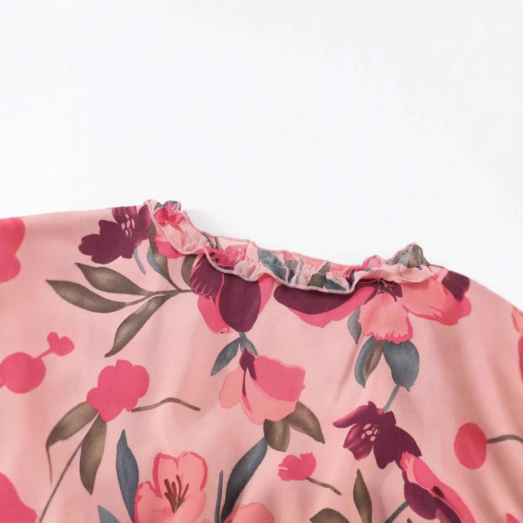 Robe longue femme – Tissu fluide – Imprimé fleuri – Manches longues – Style bohème