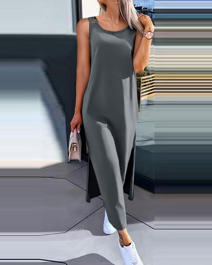 Robe longue femme – Coupe décontractée – Bretelles larges – Dos en dentelle élégant