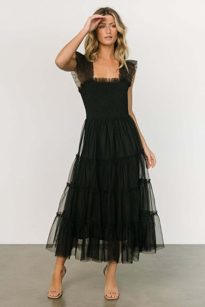 Robe longue femme – Bustier smocké – Jupe en tulle volantée – Sans manches à volants
