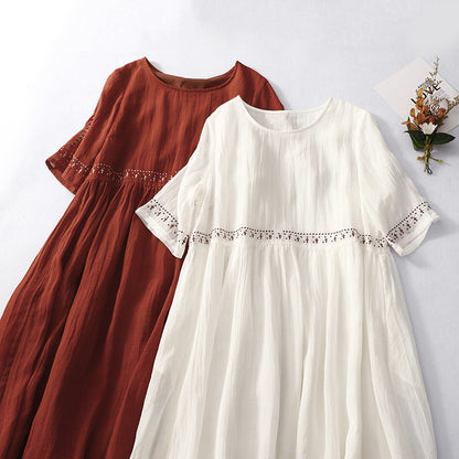 Robe longue femme – Coupe fluide – Coton – Taille dentelle crochet – Manches courtes