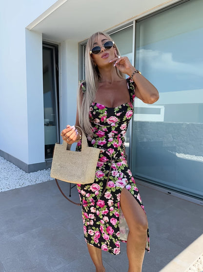 Robe midi femme – Coupe ajustée – Bretelles volantées – Imprimé fleuri – Fente côté – Tissu respirant
