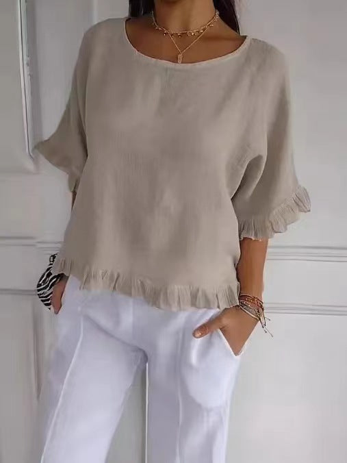 Blouse femme manches courtes – Lin coton – Coupe ample – Col rond – Ourlet volanté