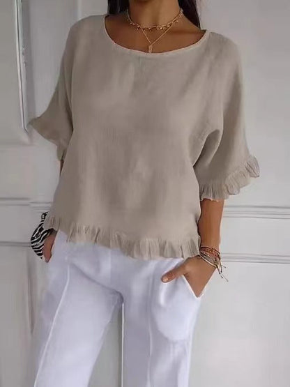 Blouse femme manches courtes – Lin coton – Coupe ample – Col rond – Ourlet volanté