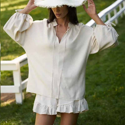 Women's Set – V-Neck Top Puff Sleeves – Flowy Ruffle Shorts Elastic Waist