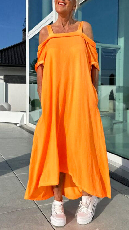 Robe longue femme – Épaules dénudées – Coupe ample – Coton