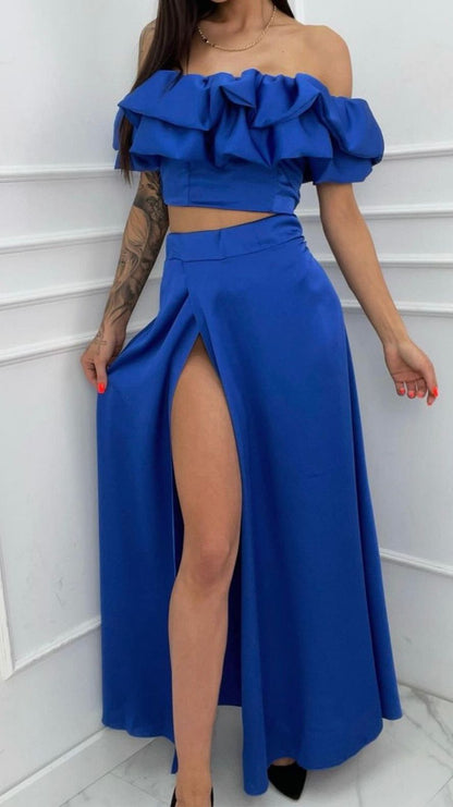 Women's set – Top cropped off-the-shoulder with ruffles – Skirt long high-waisted with slit