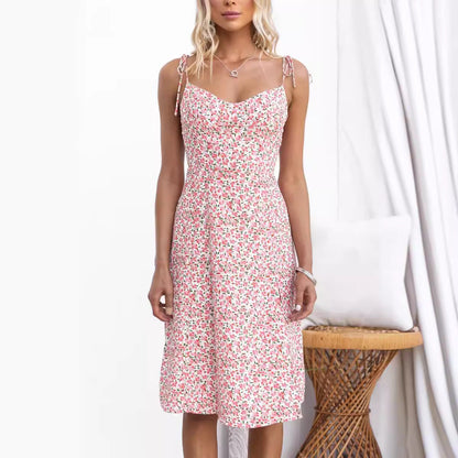 Robe midi femme – Coupe ajustée – Bretelles fines – Col en V – Fente côté – Imprimé fleuri