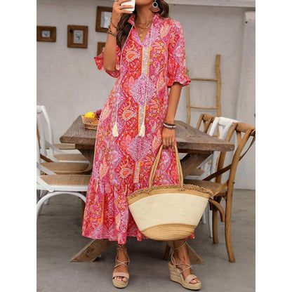 Robe midi femme – Coupe fluide – Manches à volants – Imprimé bohème – Col à nouer