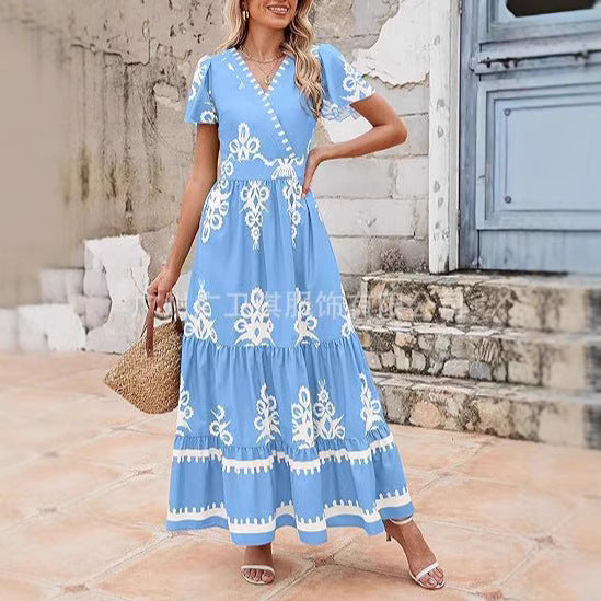 Robe longue femme – Coupe évasée – Imprimé fleuri – Manches courtes – Tissu respirant
