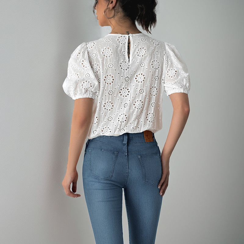 Blouse femme – Coupe ample – Manches bouffantes – Dentelle ajourée – Liens devant