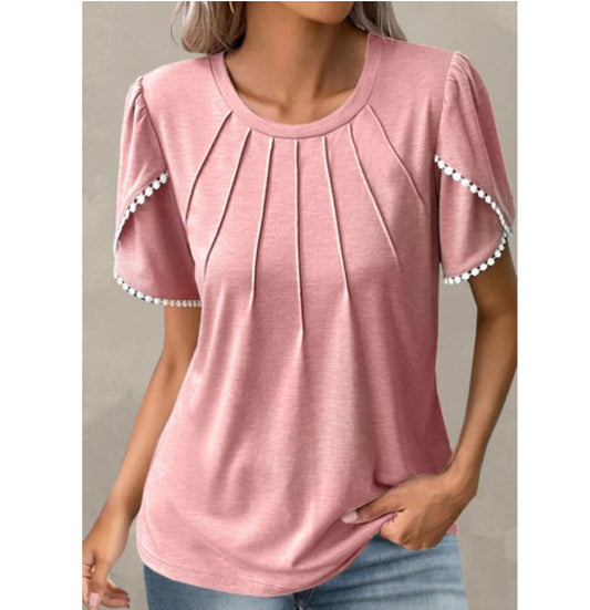 T-shirt femme – Coupe décontractée – Maille douce – Manches à volants – Plis devant