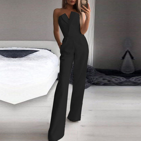 Combinaison Femme – Coupe Ajustée – Encolure Asymétrique – Jambes Larges Élégantes