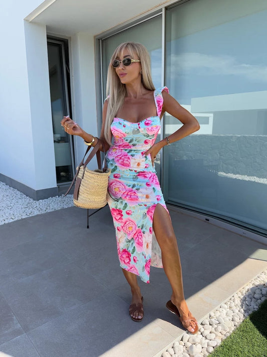 Robe midi femme – Coupe ajustée – Bretelles volantées – Imprimé fleuri – Fente côté – Tissu respirant