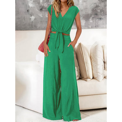 Women's 2-piece set – Cropped tie-front V-neck top – High-waisted wide-leg pants