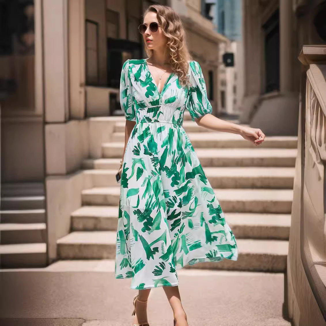 Robe midi femme – Imprimée – Col V – Manches bouffantes – Taille cintrée – Tissu respirant
