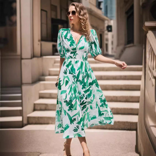Robe midi femme – Imprimée – Col V – Manches bouffantes – Taille cintrée – Tissu respirant