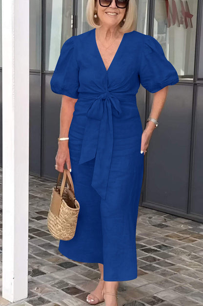 Robe midi femme – Coupe décontractée – Fibres naturelles – Manches bouffantes – Ceinture nouée – Décolleté en V